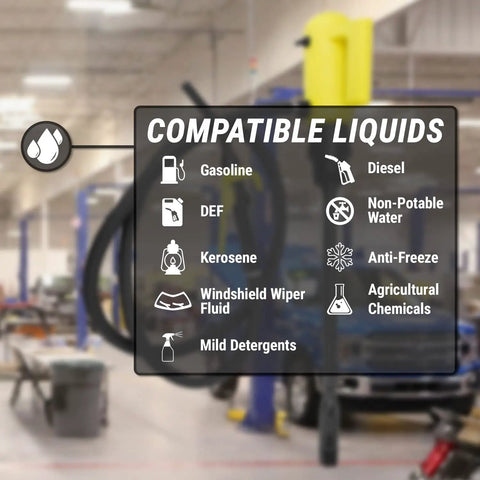 Slick Telescopic 12V Electric Drum Pump With Inline Flow Meter And Six Point Six Foot Hose For No Sweat Fluid Transfer At Four Point Two Gpm Rate Big Time Shop Gear compatible liquids chart showing gasoline, diesel, DEF, and more.