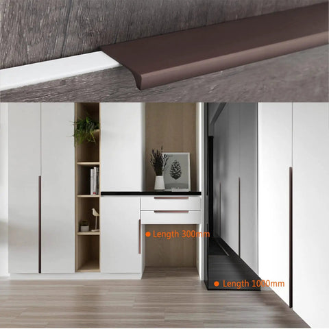 Low Profile Aluminum Edge Pulls Hidden Cabinet Handles With Screws shown on modern kitchen cabinets.