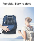 Person holding Extendable Car Seat Travel Cart for Airports with Folding Stowable Base Plate in backpack, outdoor scene in background