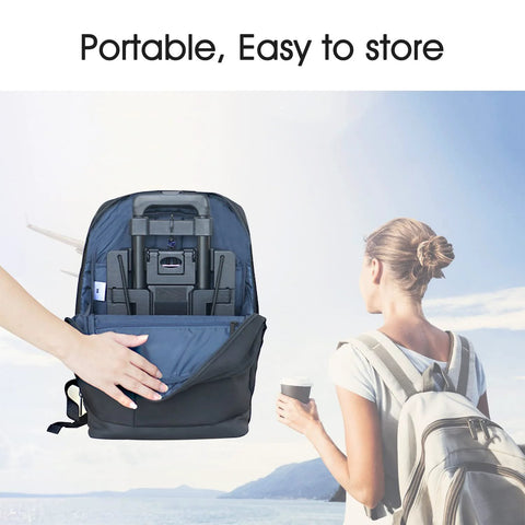 Person holding Extendable Car Seat Travel Cart for Airports with Folding Stowable Base Plate in backpack, outdoor scene in background