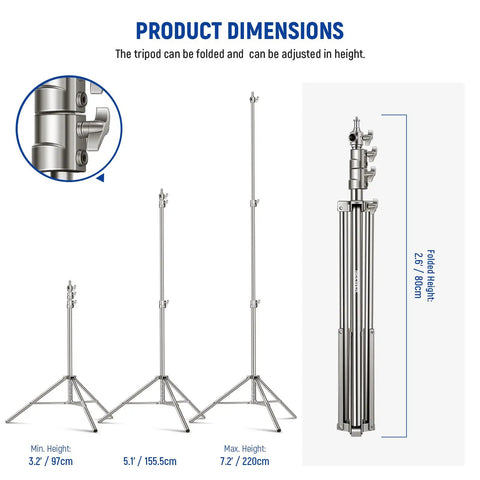 7.2Ft Stainless Steel Light Stand With Spring Cushioned Heavy Duty Build For Strobes, LED, Ring Lights, Softboxes, foldable dimensions