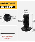 Premium Heavy Duty Size 10-24 Black Button Head Hex Socket Cap Screws 100 Pack Includes 1/8 Inch Allen Wrench Smooth Finish 304 Stainless Steel with measurements
