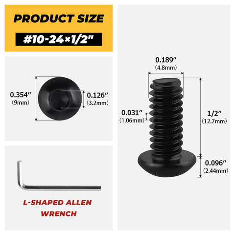 Premium Heavy Duty Size 10-24 Black Button Head Hex Socket Cap Screws 100 Pack Includes 1/8 Inch Allen Wrench Smooth Finish 304 Stainless Steel with measurements