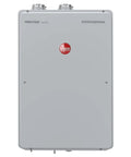 High Efficiency Natural Gas Tankless Water Heater with Rheem logo, compact design for easy installation.