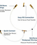 One Person DIY Hydraulic Steering Bleed Kit With Filler Hose For SeaStar BayStar And Uflex Systems, showing brass fittings and reinforced hose.