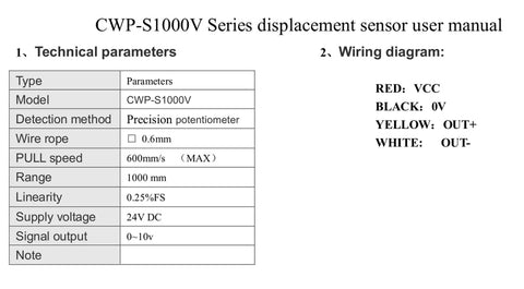 Technical parameters and wiring diagram for 1000mm Draw Wire Encoder With 24V DC Supply And 0 To 10V Output For Precision Position Sensing