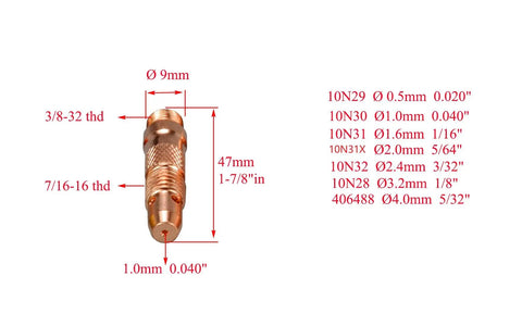 Pro Grade TIG Gas Lens Kit With Collet Bodies And Ceramic Cups For 17 18 26 Series Torch, showing dimensional diagram and fittings.
