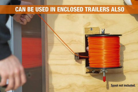 Rock Solid Commercial Trimmer Line Spool Holder Bracket showing orange line spool mounted on wall for hassle-free access.