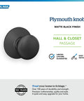 Plymouth Hall And Closet Passage Door Knob Matte Black Non Locking Interior Door Hardware with self-aligning screws, easy install