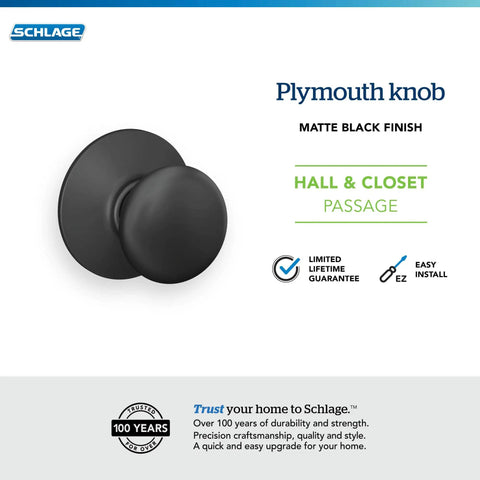Plymouth Hall And Closet Passage Door Knob Matte Black Non Locking Interior Door Hardware with self-aligning screws, easy install