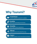 Infographic detailing features of Tsurumi Pump, highlighting trust, durability, versatility, efficiency, and customer support.