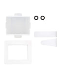 Universal Washer Hookup Box With Center Drain Outlet And Raised Drip Guard featuring components: white plastic box, brackets, and washers.