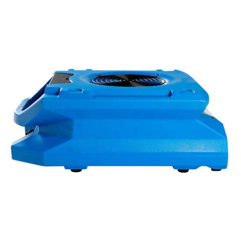 Side view of blue Low Profile Air Mover 0.25 HP, 1200 CFM, 2 Speed Carpet Dryer Floor Fan with Dual GFCI Outlets and Stackable Design