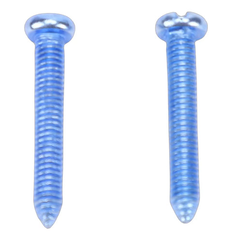 Close-up of two blue screws with a flat head design, suitable for various DIY and repair projects.