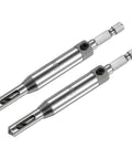 Two uxcell self-centering hinge tapper drill bits, 5 mm diameter, 1/4 in hex shank, silver tone for woodworking.