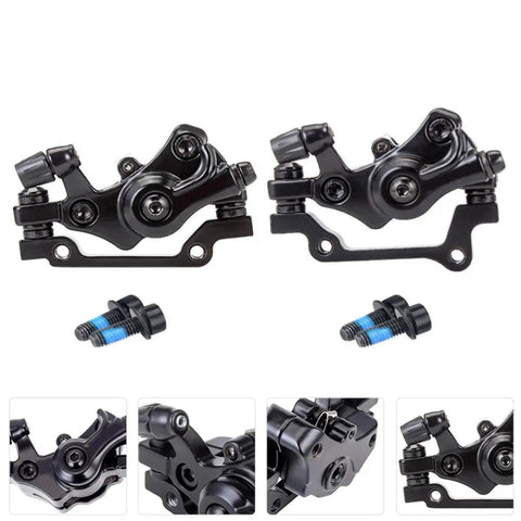 Heavy Duty Pair Of Mechanical Disc Brakes For Mountain And Road Bikes Aluminum Caliper black forged arms with mounting hardware.