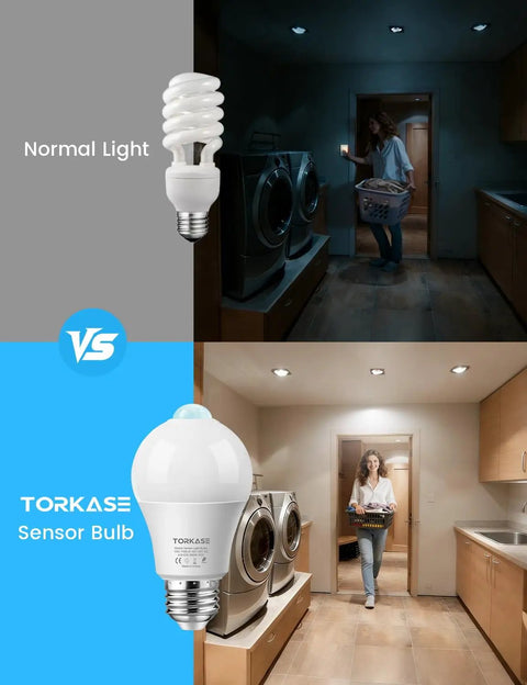 Motion Sensor LED Bulbs E26 Base Dusk To Dawn Activation Auto Light Up When Motion Is Detected At Night 8 To 16 Feet Range Turns Off After 30 To 45 Seconds Energy Efficient Long Lasting Security Lighting For Indoor Or Outdoor Use in laundry room