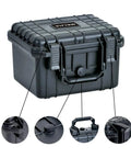 All Weather Waterproof Camera Case With Foam For Drones And Gear Grab And Go Bombproof Protection For DSLR And Mirrorless Cameras Lenses And Accessories In Elegant Black Fits Up To 10.62 By 9.68 By 6.87 Inches detailing handle and latches