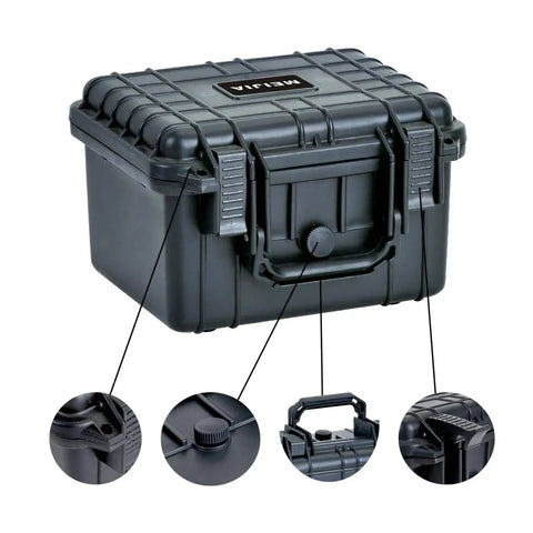 All Weather Waterproof Camera Case With Foam For Drones And Gear Grab And Go Bombproof Protection For DSLR And Mirrorless Cameras Lenses And Accessories In Elegant Black Fits Up To 10.62 By 9.68 By 6.87 Inches detailing handle and latches