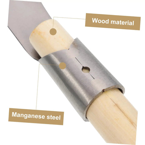 Manganese Steel Long Handle Weeding Sickle for Grass Vines and Branches, showing wood handle and manganese steel blade close-up