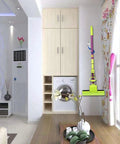 Heavy Duty Mop Broom Holder Set Four Pack S Type Wall Mounted in modern living room next to washer.