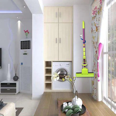 Heavy Duty Mop Broom Holder Set Four Pack S Type Wall Mounted in modern living room next to washer.