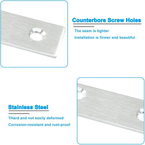 Close-up of stainless steel flat braces with counterbore screw holes for easy installation in Four Pack L Shaped Corner Brackets 4.7 by 4.7 Inch.
