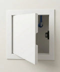 Top Tier Aluminum Access Panel For Drywall Featuring No Sweat Push To Open Flush Mount Latch Built For Paintable Wall And Ceiling Plumbing Electrical Repairs Runs Smooth In White 18X32 Size Looking Sharp - Open view showing plumbing access.