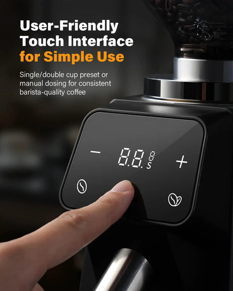 User interacting with touch interface of 64mm Burr Coffee Grinder For Home Barista Use With Commercial Grade Precision