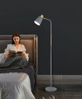 Dope Industrial Floor Lamp With Adjustable Metal Heads beside bed, grey finish, ideal for reading, rustic farmhouse style lighting