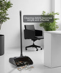 Heavy Duty Upright Standing Dustpan Built Different Tight Pivoting Base Perfect For No Sweat Daily Sweep in office setting.