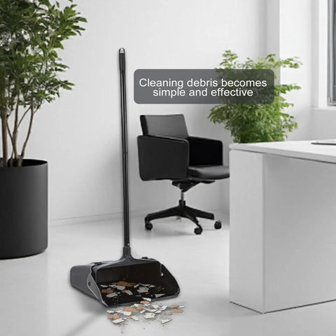 Heavy Duty Upright Standing Dustpan Built Different Tight Pivoting Base Perfect For No Sweat Daily Sweep in office setting.