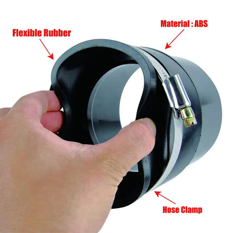 Close-up of 4 Inch Dust Collector Fitting Vacuum Tool Port Adapter For Shop Vac with steel hose clamp and durable ABS end.