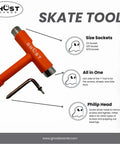 All In One Skate Tool With T Handle And Screwdriver For Quick On The Go Adjustments Pocket Sized Roller Skate Tool With Allen Key For Easy Truck Tuning Durable Blue Gear You Can Carry Anywhere displayed on a graphic with details on size sockets, orange color, and ghost logo.
