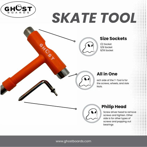 All In One Skate Tool With T Handle And Screwdriver For Quick On The Go Adjustments Pocket Sized Roller Skate Tool With Allen Key For Easy Truck Tuning Durable Blue Gear You Can Carry Anywhere displayed on a graphic with details on size sockets, orange color, and ghost logo.