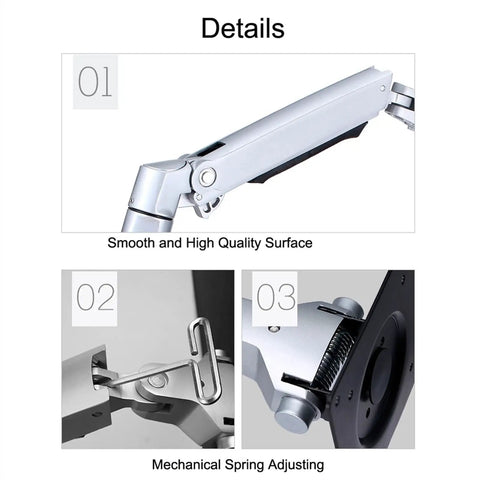 Premium Full Motion Aluminum Wall Mount Monitor Arm Featuring Smooth As Butter Mechanical Spring Adjustments That Handles Heavy Loads Without Breaking A Sweat For 17 To 27 Inch Lcd Led Displays Vesa 75X100 Silver close-up of surface and adjustment mechanisms.