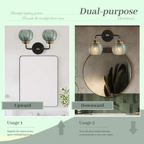 Two Light Black Bathroom Vanity Light With Retro Wall Sconce And Ribbed Green Glass Shades Mid Century Modern Farmhouse Style Over Mirror Great For Bedroom Hallway Living Room