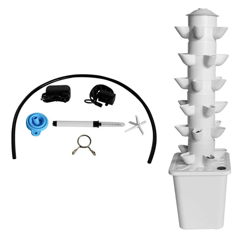 Hydroponic Vertical Garden System For Indoor Outdoor Use 30 Plant Tower Planter With Pump And Water Tank Soilless Grow Kit components visible