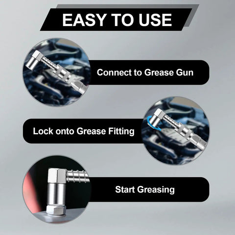 Diagram showing 90 Degree Grease Gun Adapter For Tight Spaces, 3 Jaw Coupler To Reach Hard To Access Fittings, connected and in use.