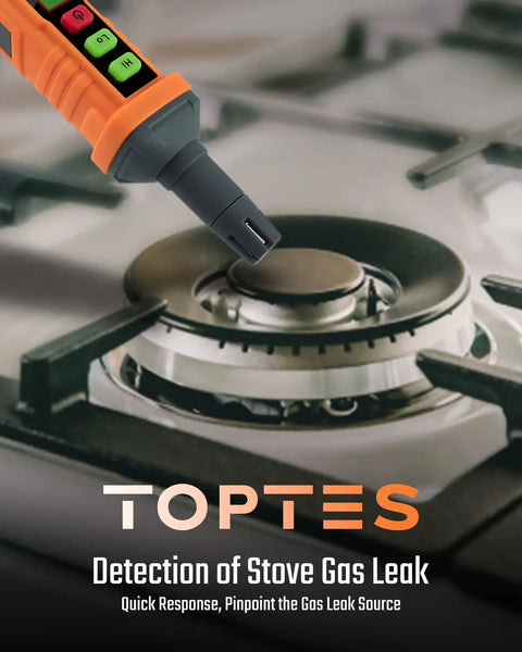 Gas Leak Detector With Dual Sensitivity For Home And RV, Audible And Visual Alarm, detecting stove gas leak on kitchen burner.
