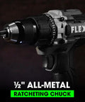 Beast Mode 24V Brushless Cordless Drill Driver Kit With One Half Inch Chuck 750 Inch Pounds Torque Two Speed Two Point Five Amp Hours Batteries And A 160W Fast Charger, side view of metal ratcheting chuck