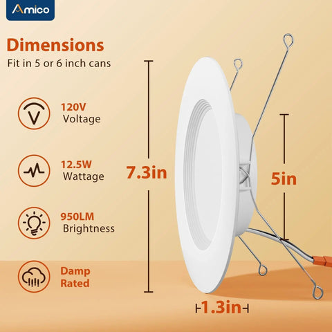 LED Recessed Can Lights 5 To 6 Inch 12 Pack Dimmable Damp Rated 950LM 12.5W Equals 100W No Fuss Retrofit Install with dimensions