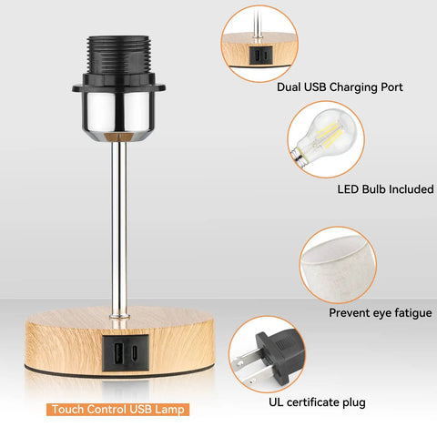 Sleek Bedside Lamp With USB C And USB A Ports, Touch Controlled Table Light, metal stand without shade, LED bulb included