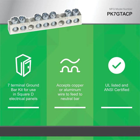 Image of 7 Terminal Ground Bar Kit for load centers and panel boards with ANSI certification details.