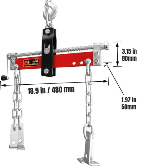 Engine Leveler For Hoists And Shop Cranes, 3/4 Ton (1,500 Lb) Capacity, Heavy Duty Steel, Adjustable Handle, 3 Position Chain Mount Holes, Built For Your Garage And Shop, Red