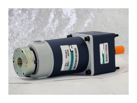 Side view of blue permanent-magnet DC gear motor with brake; 120W, 12/24V, orange output shaft