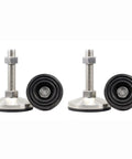 Hella Stable Heavy Duty Adjustable Leveling Feet Set With Legit Professional Threaded Support Legs For Uneven Floors And Easy Machine Base Shims That Grip Solid Badass Rust Proof Hardware 4 Piece Kit showing two stainless steel threaded feet with rubber bases.
