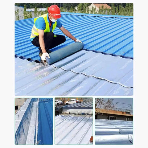 Heavy Duty Synthetic Roof Underlayment And Self Adhesive Waterproof Membrane With Thick Silver Foil applied by worker on metal roof.