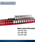 Heavy Duty Aluminum Socket Organizer Rail Set with 46 sockets on a 15 inch rail showing 1/4, 3/8, 1/2 inch drives
