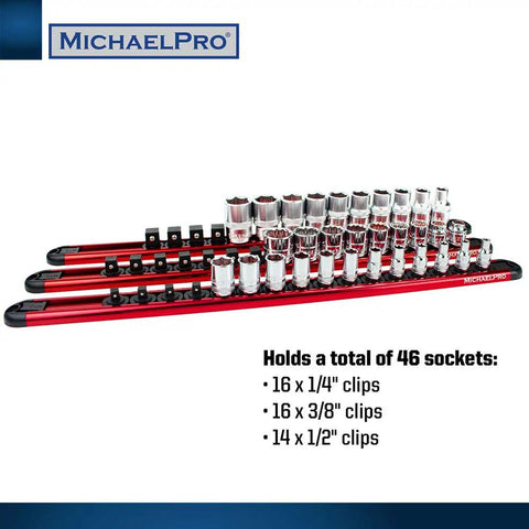 Heavy Duty Aluminum Socket Organizer Rail Set with 46 sockets on a 15 inch rail showing 1/4, 3/8, 1/2 inch drives